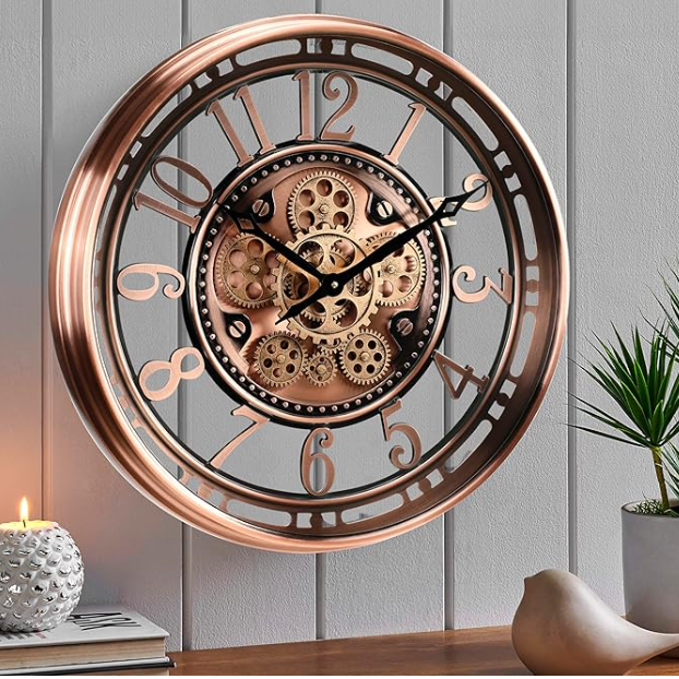 CLXEAST Modern Moving Gears Wall Clock for Living Room Decor,Industrial Steampunk Clocks for Farmhouse Home Decor,Roman Numerals,Gunmetal Nickel (21 Inch)
