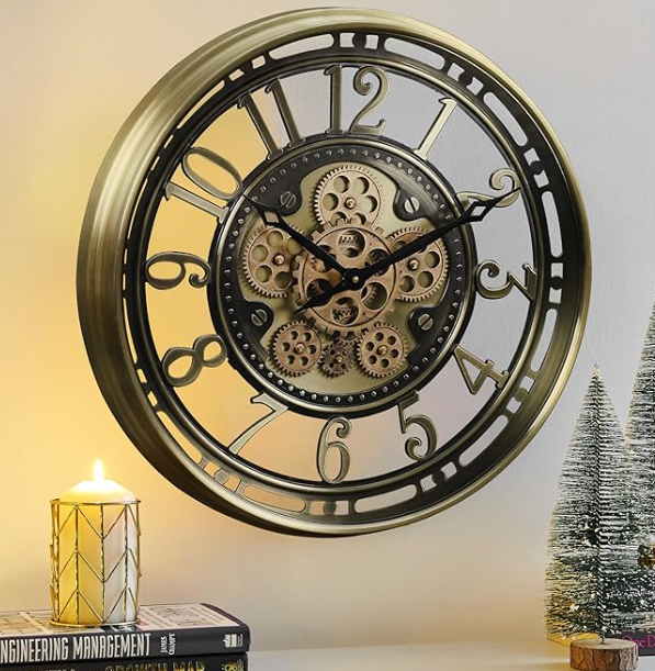 CLXEAST Modern Moving Gears Wall Clock for Living Room Decor,Industrial Steampunk Clocks for Farmhouse Home Decor,Roman Numerals,Gunmetal Nickel (21 Inch)