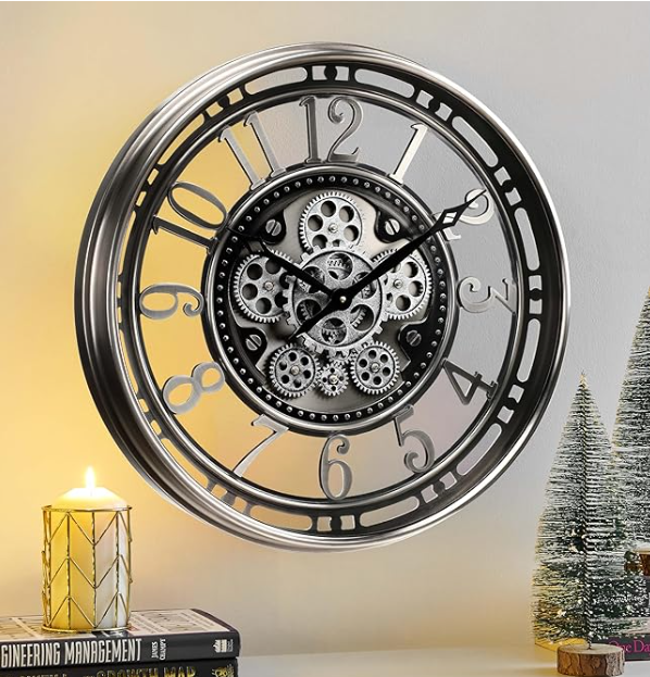 CLXEAST Modern Moving Gears Wall Clock for Living Room Decor,Industrial Steampunk Clocks for Farmhouse Home Decor,Roman Numerals,Gunmetal Nickel (21 Inch)