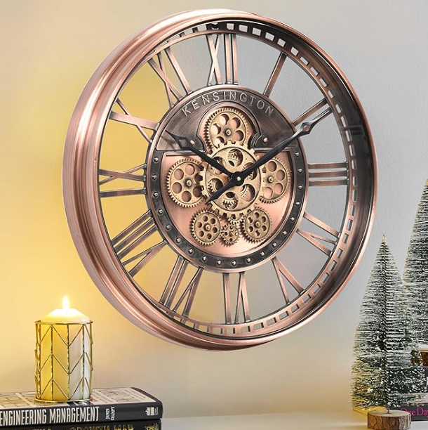 CLXEAST Modern Moving Gears Wall Clock for Living Room Decor,Industrial Steampunk Clocks for Farmhouse Home Decor,Roman Numerals,Gunmetal Nickel (21 Inch)