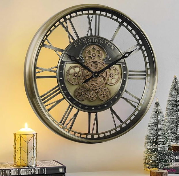 CLXEAST Modern Moving Gears Wall Clock for Living Room Decor,Industrial Steampunk Clocks for Farmhouse Home Decor,Roman Numerals,Gunmetal Nickel (21 Inch)