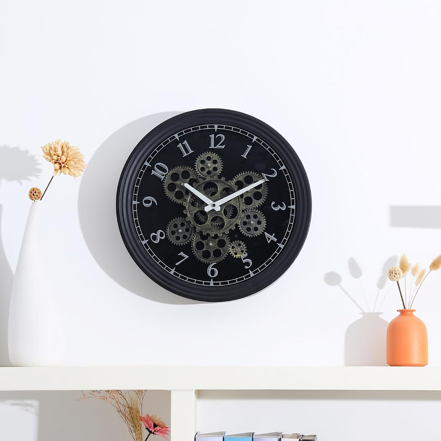 CLXEAST Mid Century Minimalist Modern Wall Clocks,24 Inch Wall Clock with Moving Gears, Large Cream Gold Wall Clocks for Living Room Decor,House Warming Gifts New Home