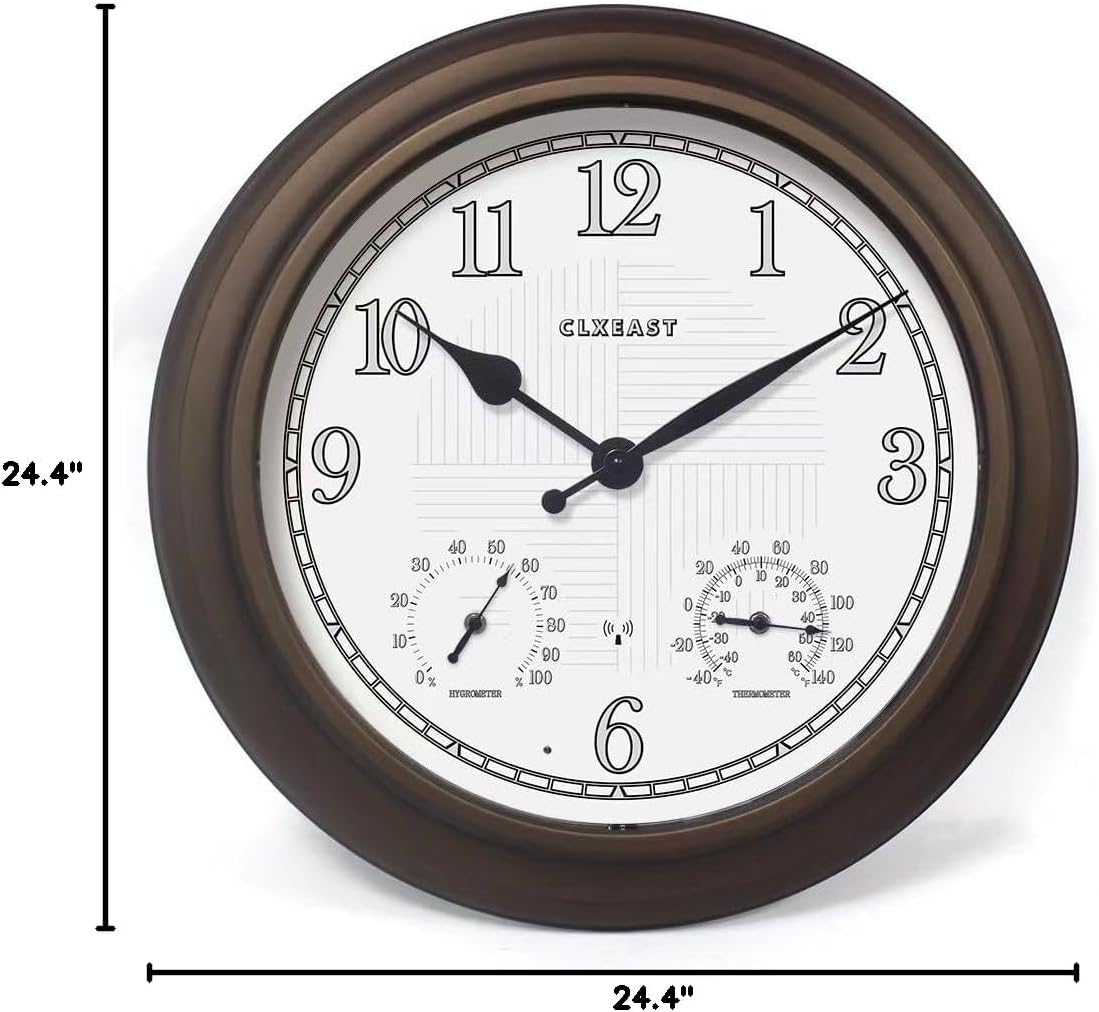 CLXEAST 18 Inch Illuminated Outdoor Indoor Atomic Analog Wall Clock with Temperature & Humidity, Lighted Outdoor Clocks for Patio Large Waterproof with Thermometer,Bronze Finish,House Warming Gifts