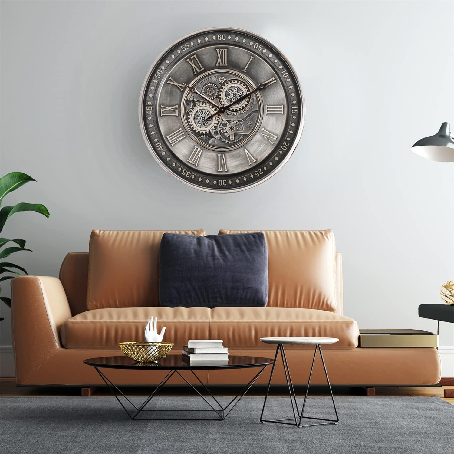 CLXEAST Mid Century Minimalist Modern Wall Clocks,24 Inch Wall Clock with Moving Gears, Large Cream Gold Wall Clocks for Living Room Decor,House Warming Gifts New Home