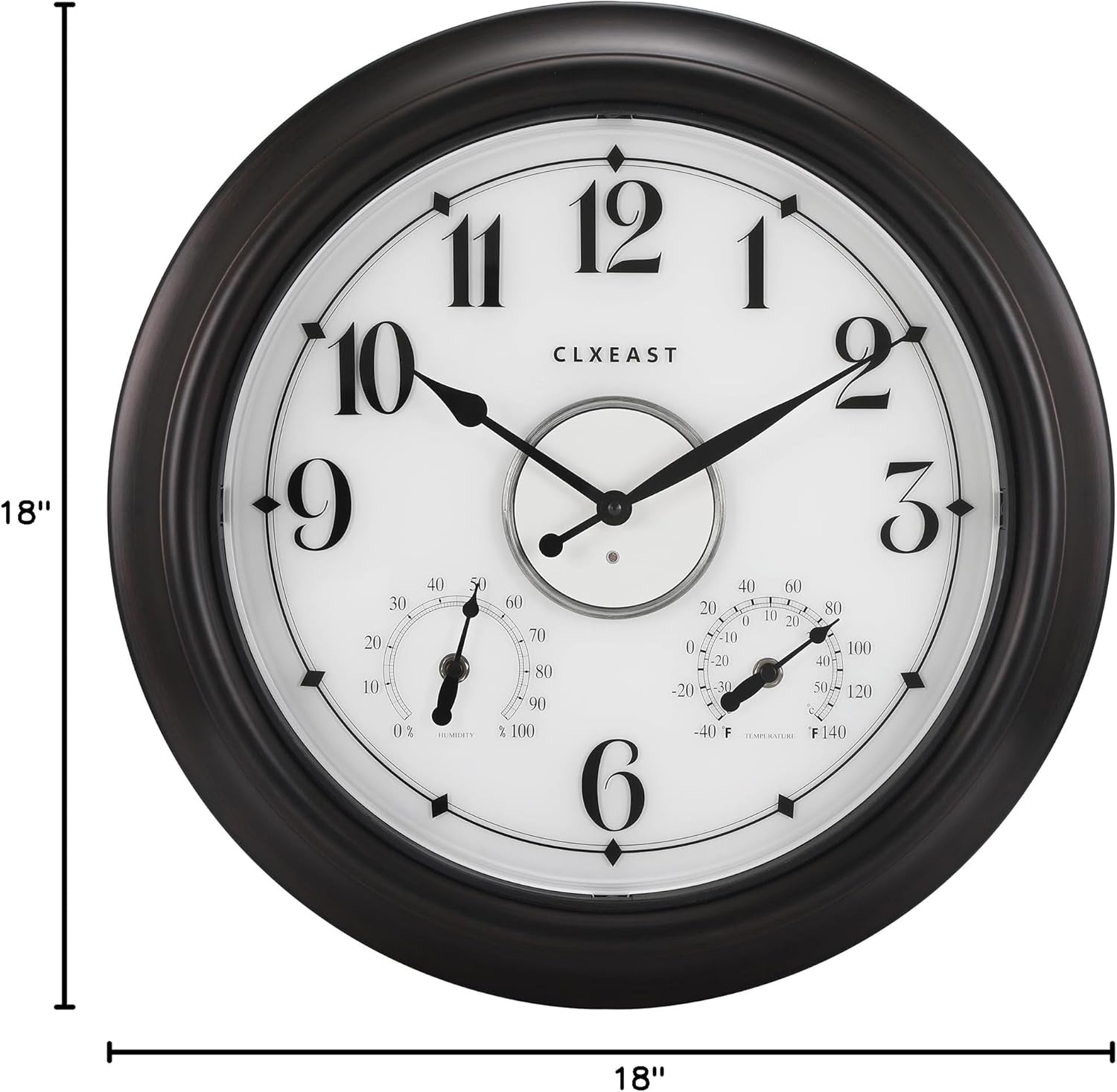 CLXEAST Illuminated Indoor Outdoor Clocks Waterproof 18 inch with Smart Sensor,Large Wall Clock with Thermometer & Hygrometer,Oil Rubbed Bronze Black,Gifts for Women