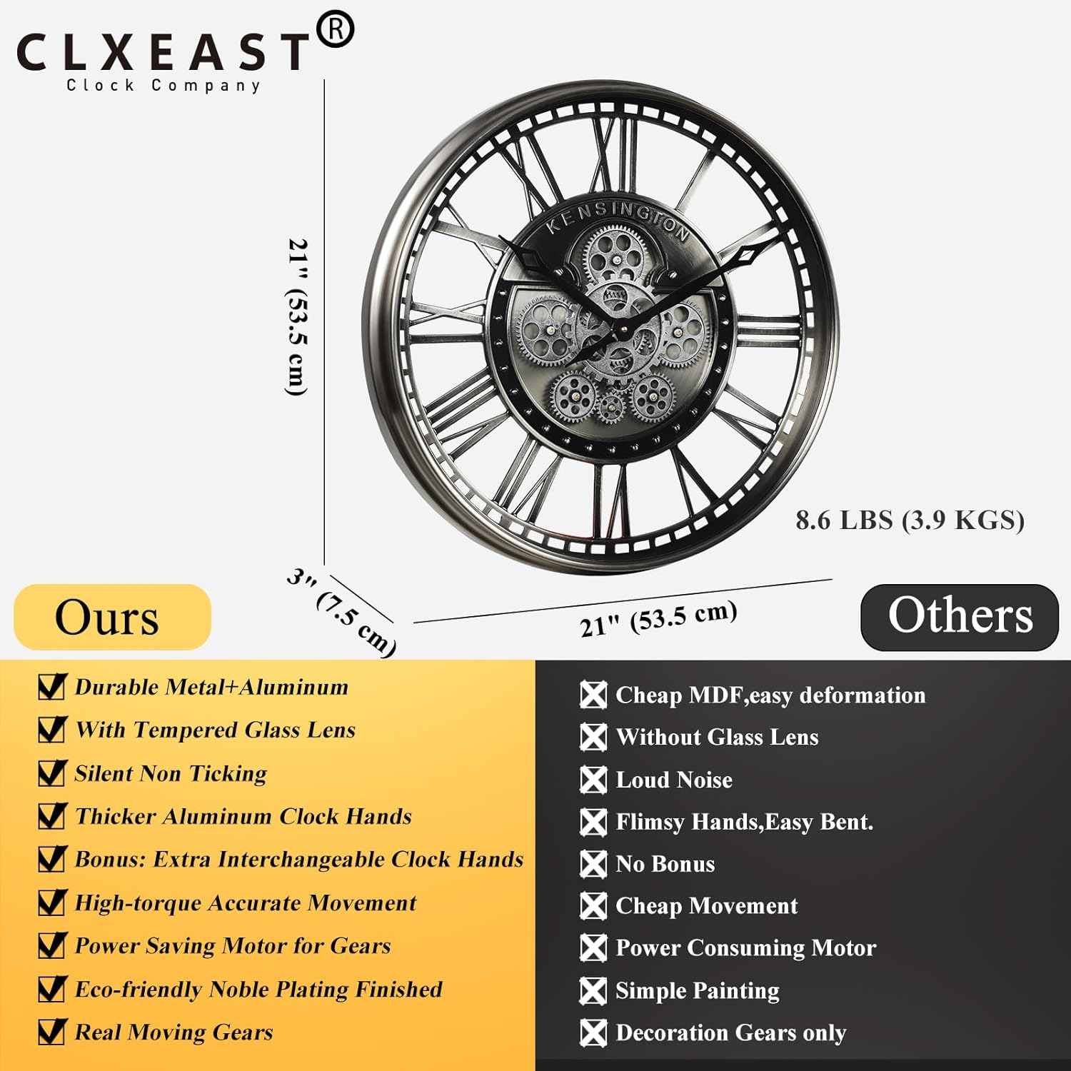 CLXEAST Modern Moving Gears Wall Clock for Living Room Decor,Industrial Steampunk Clocks for Farmhouse Home Decor,Roman Numerals,Gunmetal Nickel (21 Inch)