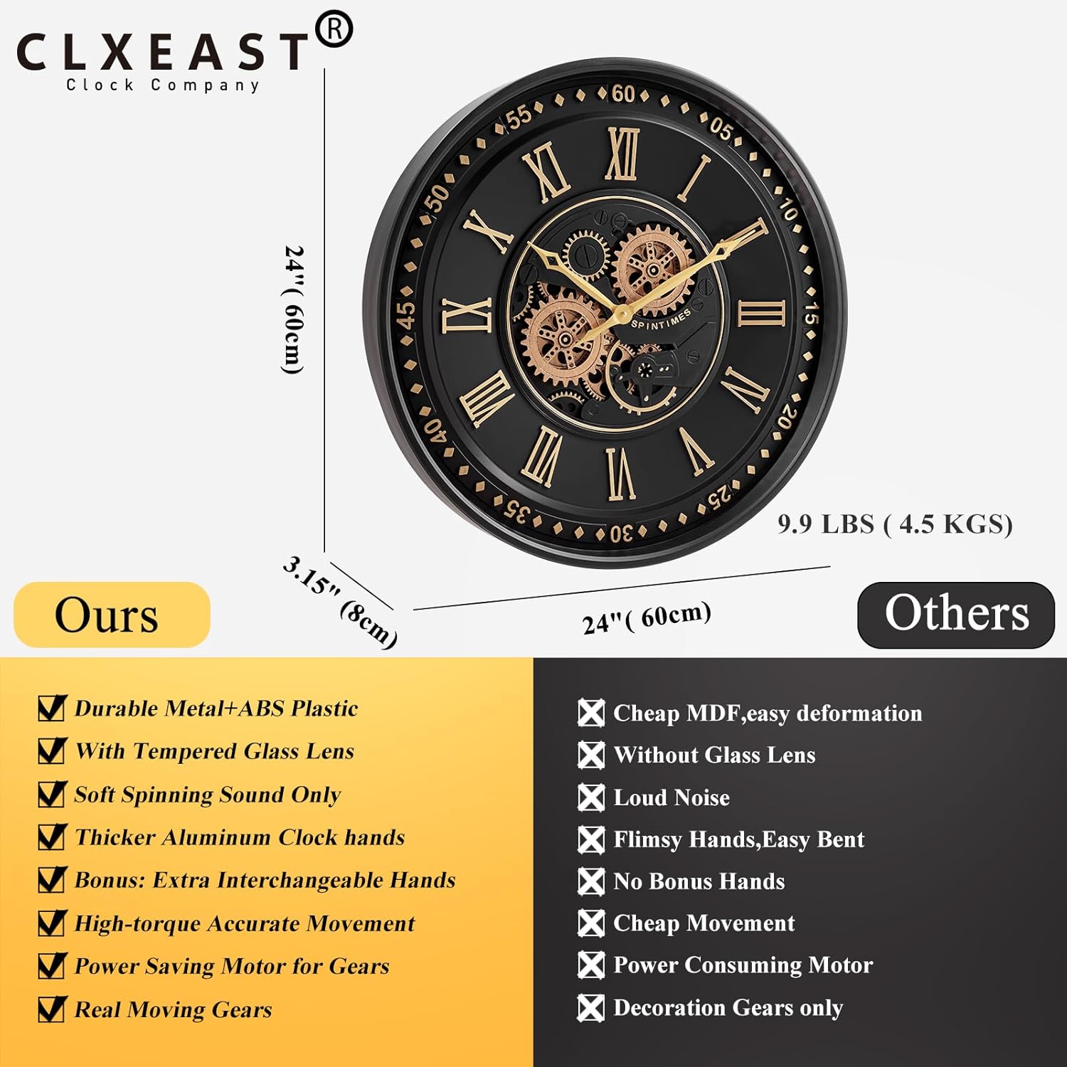 CLXEAST Mid Century Minimalist Modern Wall Clocks,24 Inch Wall Clock with Moving Gears, Large Cream Gold Wall Clocks for Living Room Decor,House Warming Gifts New Home