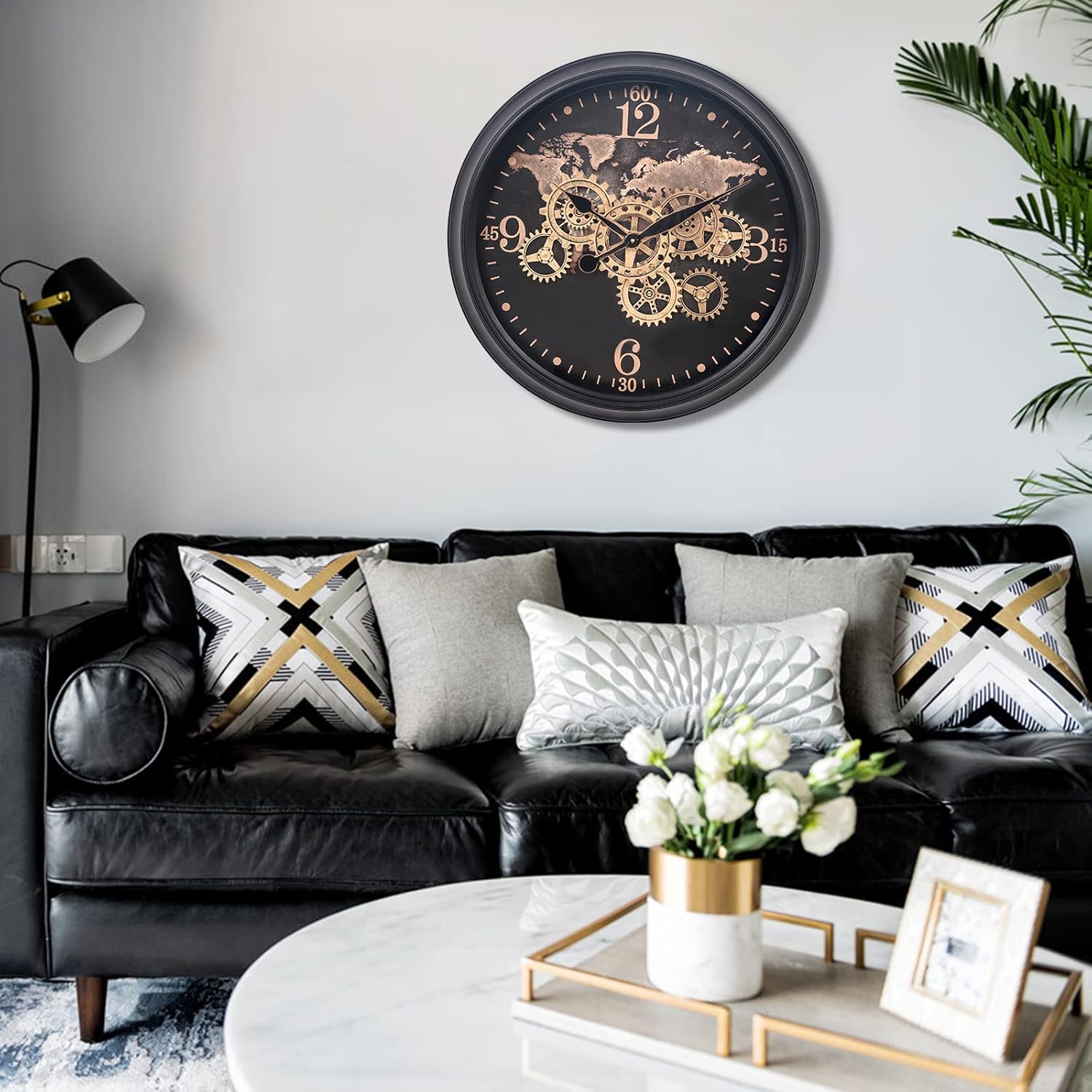 CLXEAST Mid Century Minimalist Modern Wall Clocks,24 Inch Wall Clock with Moving Gears, Large Cream Gold Wall Clocks for Living Room Decor,House Warming Gifts New Home
