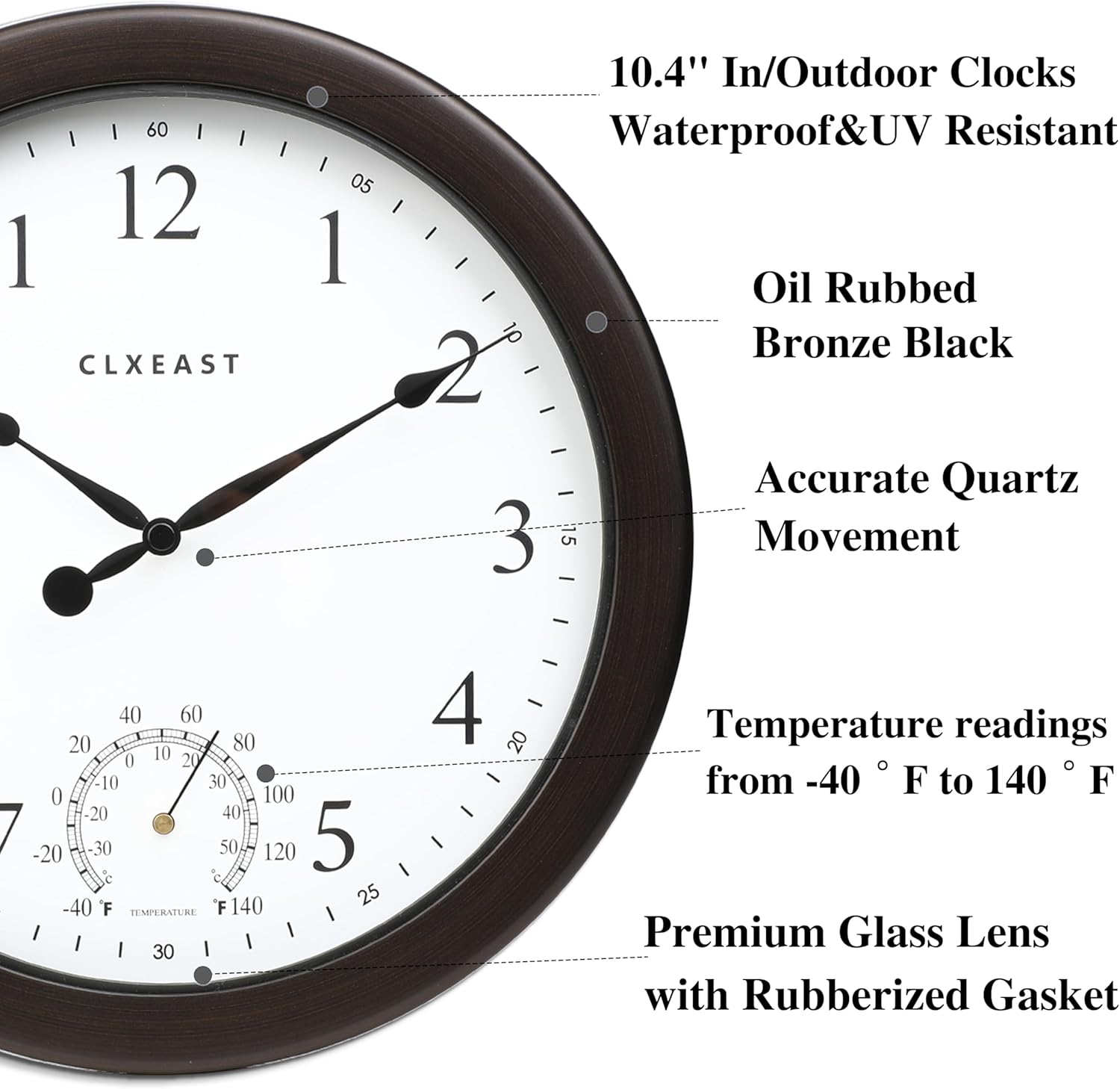 CLXEAST 10.4 Inch Indoor Outdoor Clocks Waterproof,Outdoor Clock with Temperature for Bathroom,Patio, Pool,Kitchen,Gifts for Women, Oil Rubbed Bronze Black Finish