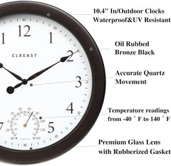 CLXEAST 10.4 Inch Indoor Outdoor Clocks Waterproof,Outdoor Clock with Temperature for Bathroom,Patio, Pool,Kitchen,Gifts for Women, Oil Rubbed Bronze Black Finish