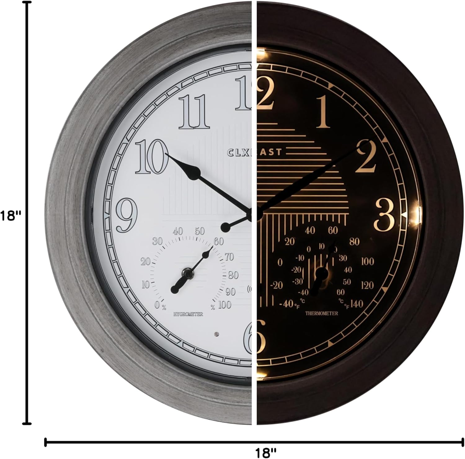 CLXEAST 18 Inch Illuminated Outdoor Indoor Atomic Analog Wall Clock with Temperature & Humidity, Lighted Outdoor Clocks for Patio Large Waterproof with Thermometer,Bronze Finish,House Warming Gifts