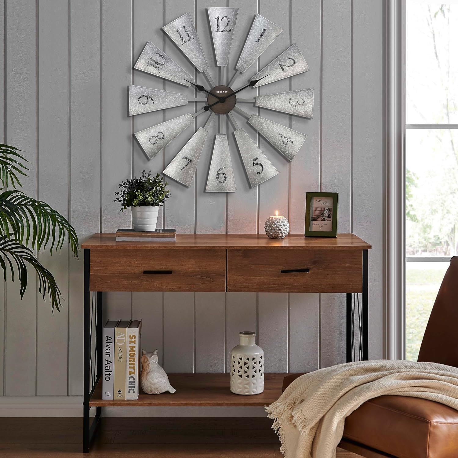 CLXEAST 30 Inch Large Farmhouse DIY Windmill Decor Wall Clock, Adjustable Size 24"/26"/28"/30"/32", 24 Inch Wall Clock for Living Room Decor,Wall Art Decor, Galvanized Plastic