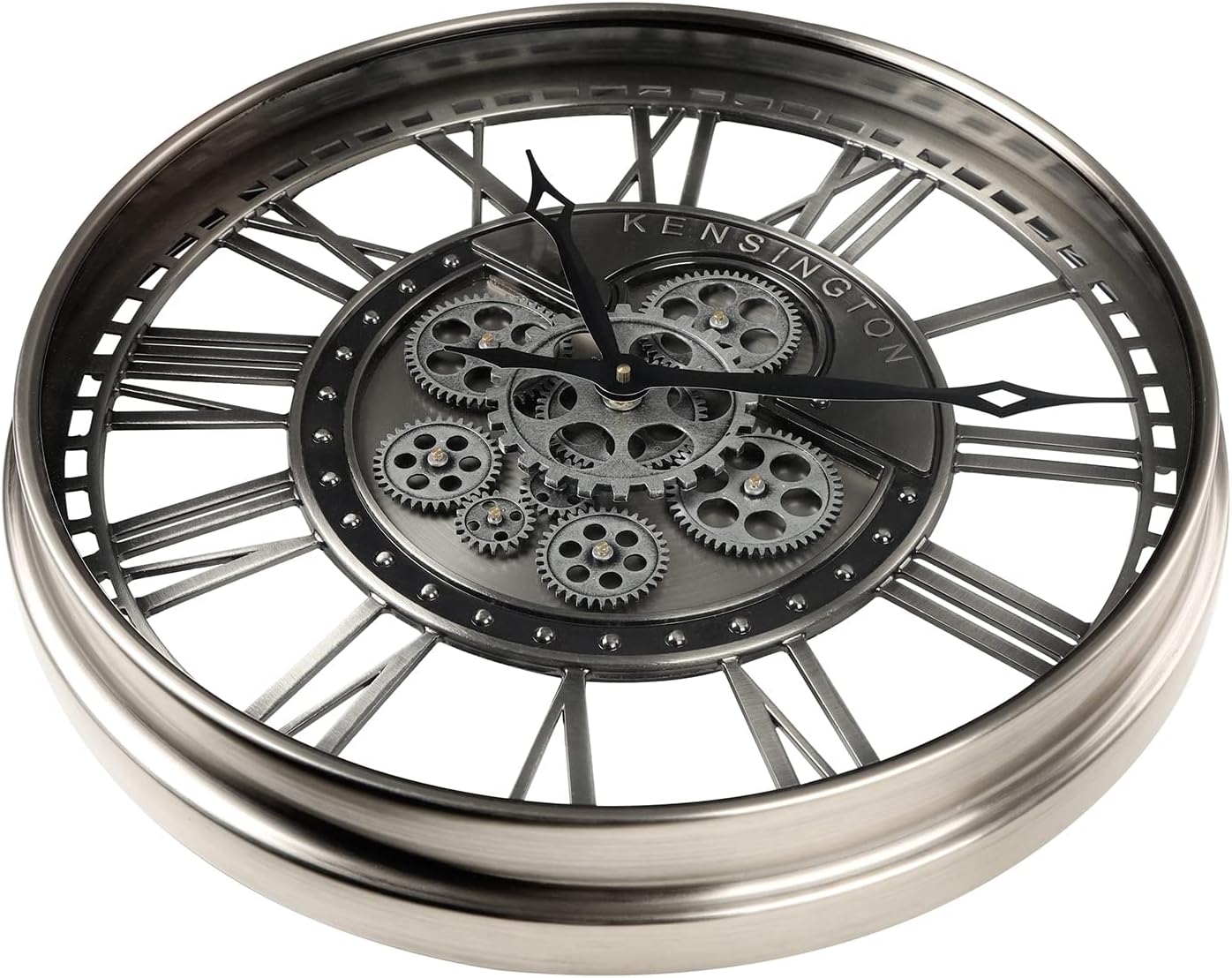CLXEAST Modern Moving Gears Wall Clock for Living Room Decor,Industrial Steampunk Clocks for Farmhouse Home Decor,Roman Numerals,Gunmetal Nickel (21 Inch)