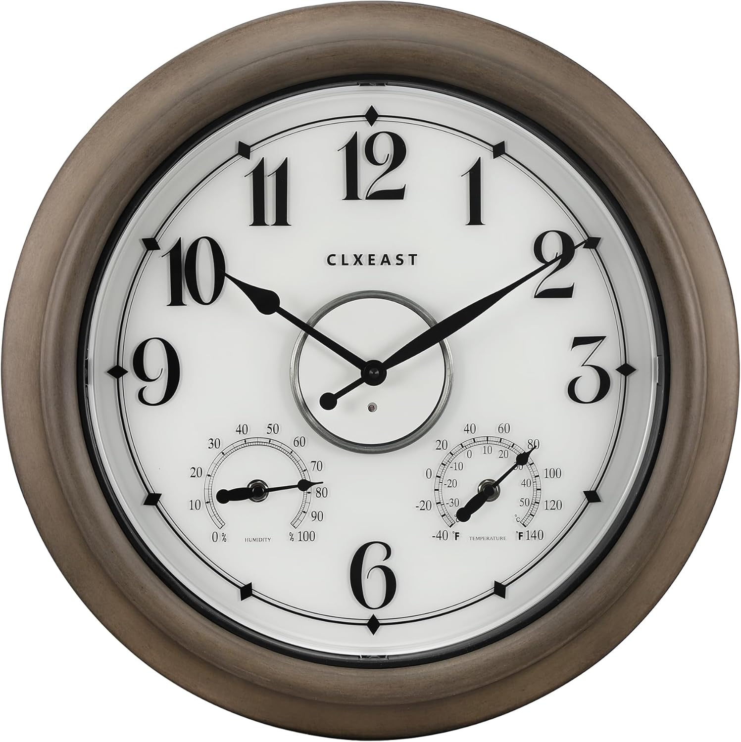 CLXEAST Illuminated Outdoor Clocks Waterproof 18 Inch with Smart Sensor,Large Outdoor Pool Clock with Temperature & Hygrometer,Grey Oak/Faux Barnwood,Gifts for Women
