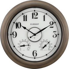 CLXEAST Illuminated Outdoor Clocks Waterproof 18 Inch with Smart Sensor,Large Outdoor Pool Clock with Temperature & Hygrometer,Grey Oak/Faux Barnwood,Gifts for Women