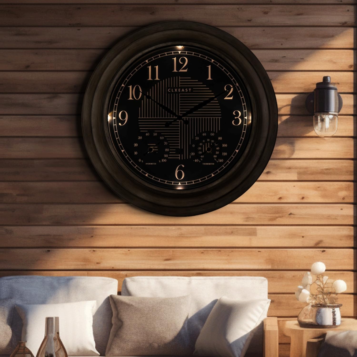 CLXEAST 18 Inch Illuminated Outdoor Indoor Atomic Analog Wall Clock with Temperature & Humidity, Lighted Outdoor Clocks for Patio Large Waterproof with Thermometer,Bronze Finish,House Warming Gifts