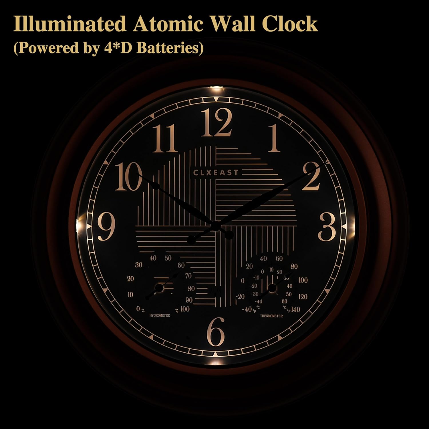 CLXEAST 18 Inch Illuminated Outdoor Indoor Atomic Analog Wall Clock with Temperature & Humidity, Lighted Outdoor Clocks for Patio Large Waterproof with Thermometer,Bronze Finish,House Warming Gifts