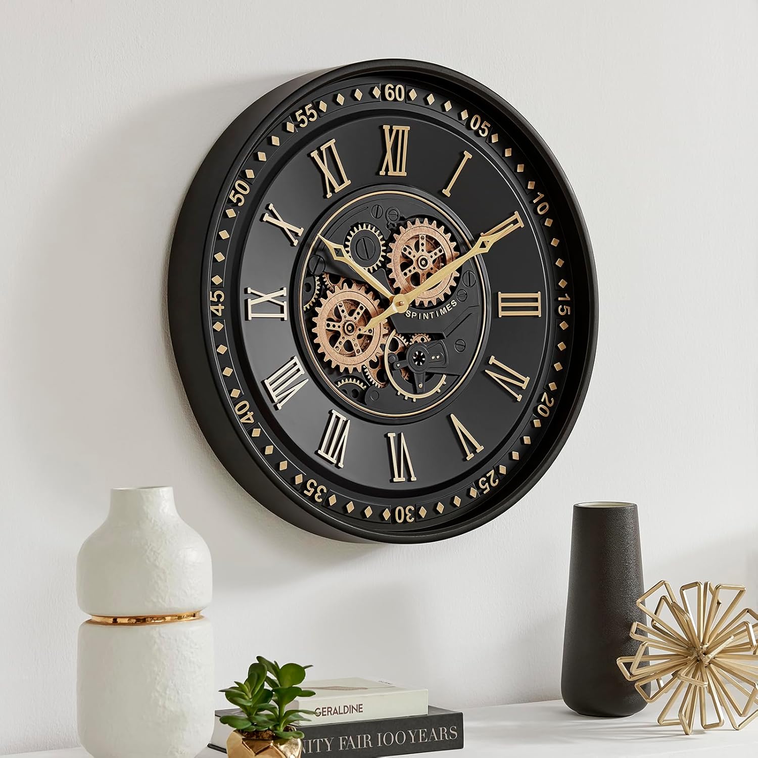 CLXEAST Mid Century Minimalist Modern Wall Clocks,24 Inch Wall Clock with Moving Gears, Large Cream Gold Wall Clocks for Living Room Decor,House Warming Gifts New Home