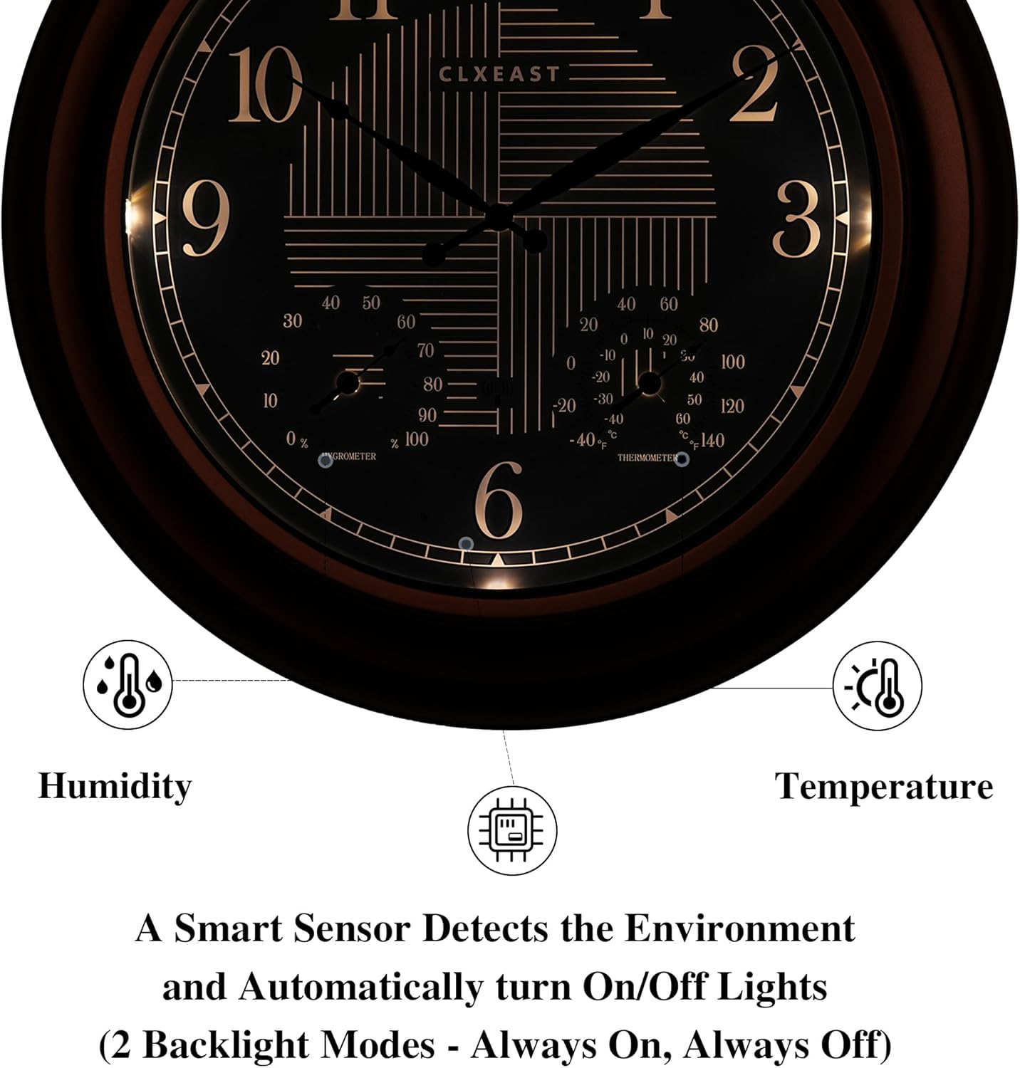 CLXEAST 18 Inch Illuminated Outdoor Indoor Atomic Analog Wall Clock with Temperature & Humidity, Lighted Outdoor Clocks for Patio Large Waterproof with Thermometer,Bronze Finish,House Warming Gifts