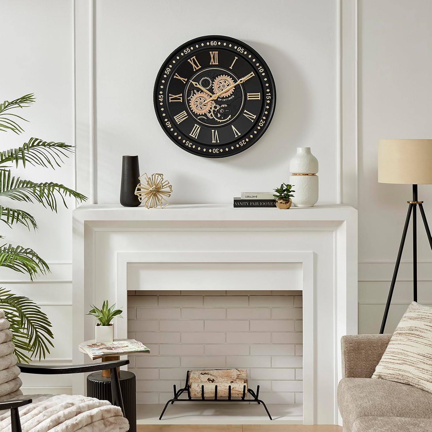 CLXEAST Mid Century Minimalist Modern Wall Clocks,24 Inch Wall Clock with Moving Gears, Large Cream Gold Wall Clocks for Living Room Decor,House Warming Gifts New Home