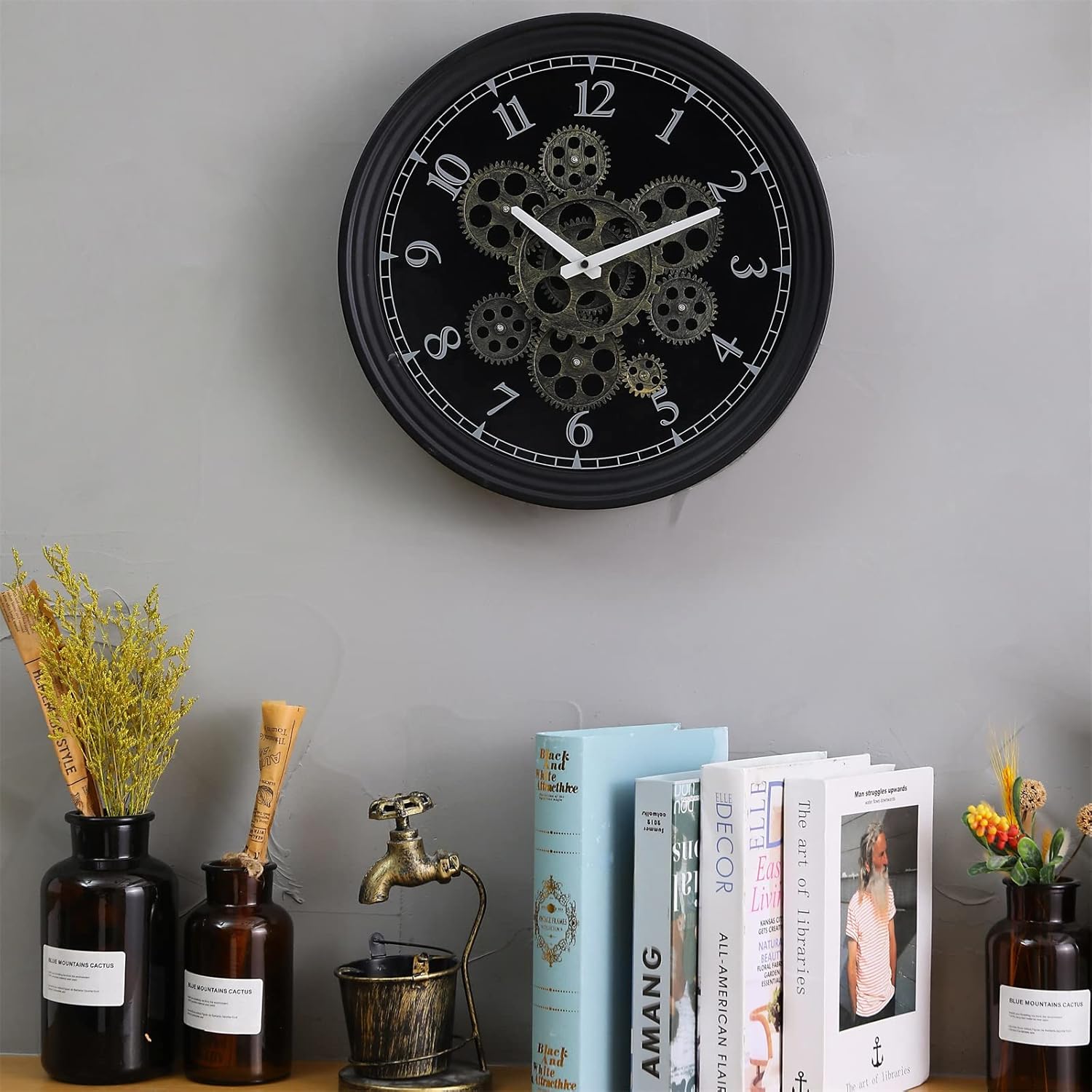 CLXEAST Mid Century Minimalist Modern Wall Clocks,24 Inch Wall Clock with Moving Gears, Large Cream Gold Wall Clocks for Living Room Decor,House Warming Gifts New Home