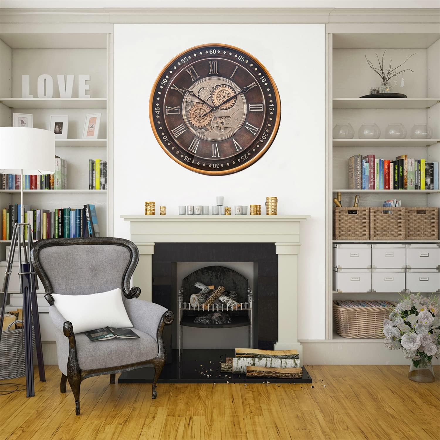 CLXEAST Mid Century Minimalist Modern Wall Clocks,24 Inch Wall Clock with Moving Gears, Large Cream Gold Wall Clocks for Living Room Decor,House Warming Gifts New Home