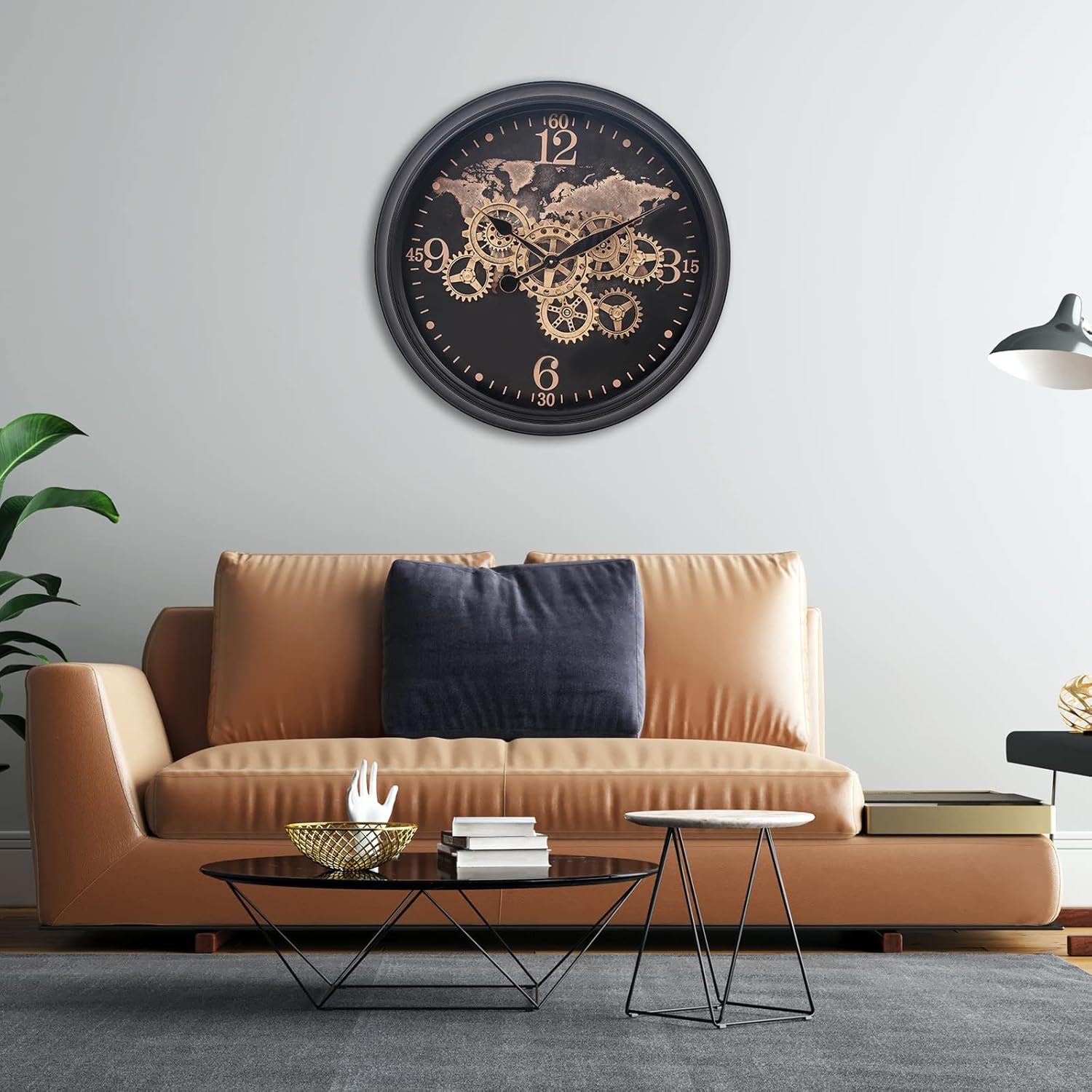 CLXEAST Mid Century Minimalist Modern Wall Clocks,24 Inch Wall Clock with Moving Gears, Large Cream Gold Wall Clocks for Living Room Decor,House Warming Gifts New Home