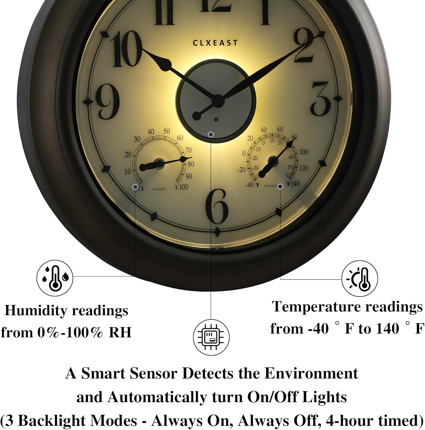 CLXEAST Illuminated Outdoor Clocks Waterproof 18 Inch with Smart Sensor,Large Outdoor Pool Clock with Temperature & Hygrometer,Grey Oak/Faux Barnwood,Gifts for Women