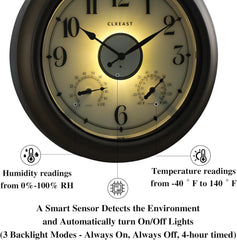 CLXEAST Illuminated Outdoor Clocks Waterproof 18 Inch with Smart Sensor,Large Outdoor Pool Clock with Temperature & Hygrometer,Grey Oak/Faux Barnwood,Gifts for Women