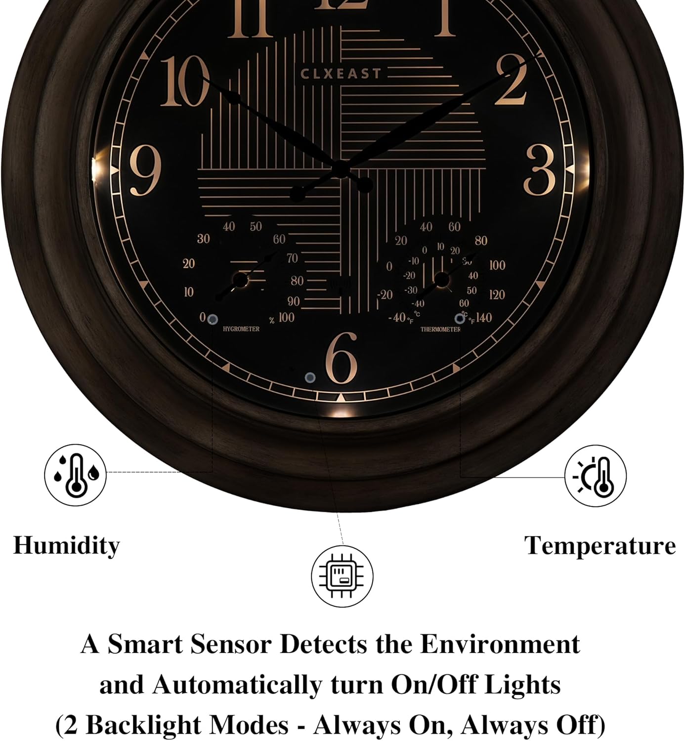 CLXEAST 18 Inch Illuminated Outdoor Indoor Atomic Analog Wall Clock with Temperature & Humidity, Lighted Outdoor Clocks for Patio Large Waterproof with Thermometer,Bronze Finish,House Warming Gifts