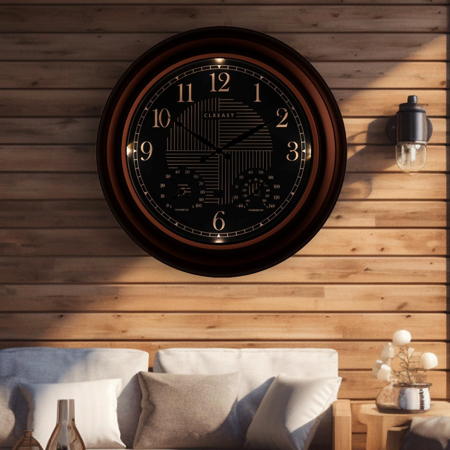 CLXEAST 18 Inch Illuminated Outdoor Indoor Atomic Analog Wall Clock with Temperature & Humidity, Lighted Outdoor Clocks for Patio Large Waterproof with Thermometer,Bronze Finish,House Warming Gifts