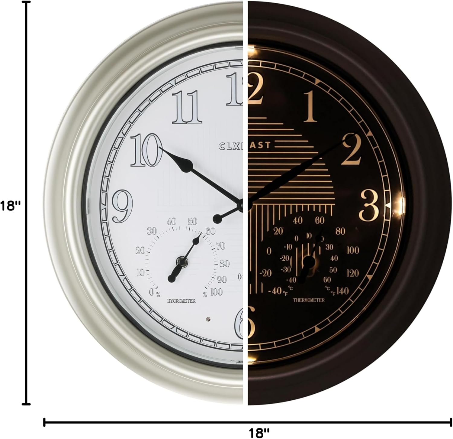 CLXEAST 18 Inch Illuminated Outdoor Indoor Atomic Analog Wall Clock with Temperature & Humidity, Lighted Outdoor Clocks for Patio Large Waterproof with Thermometer,Bronze Finish,House Warming Gifts