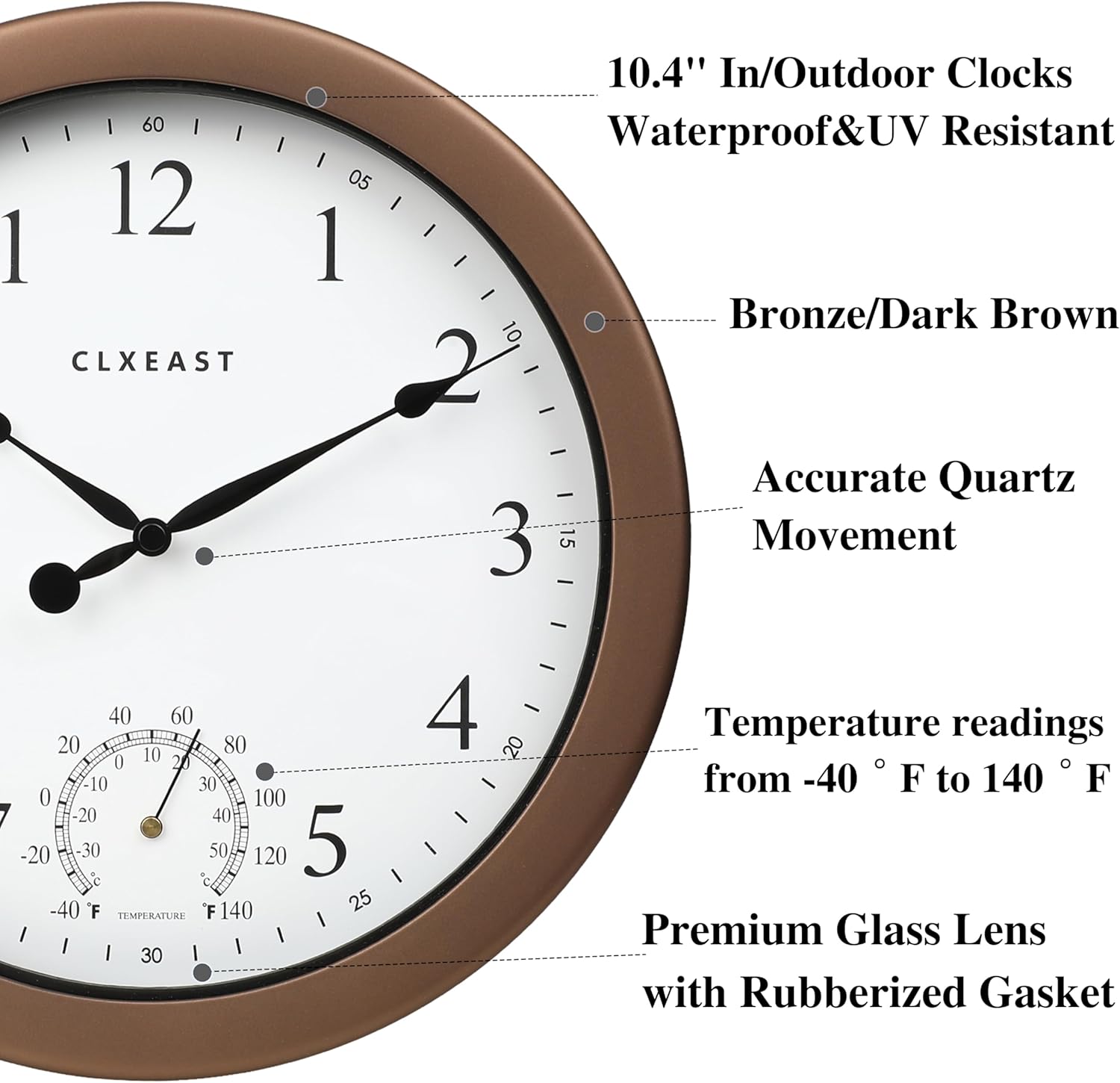 CLXEAST 10.4 Inch Indoor Outdoor Clocks Waterproof,Outdoor Clock with Temperature for Bathroom,Patio, Pool,Kitchen,Gifts for Women, Oil Rubbed Bronze Black Finish
