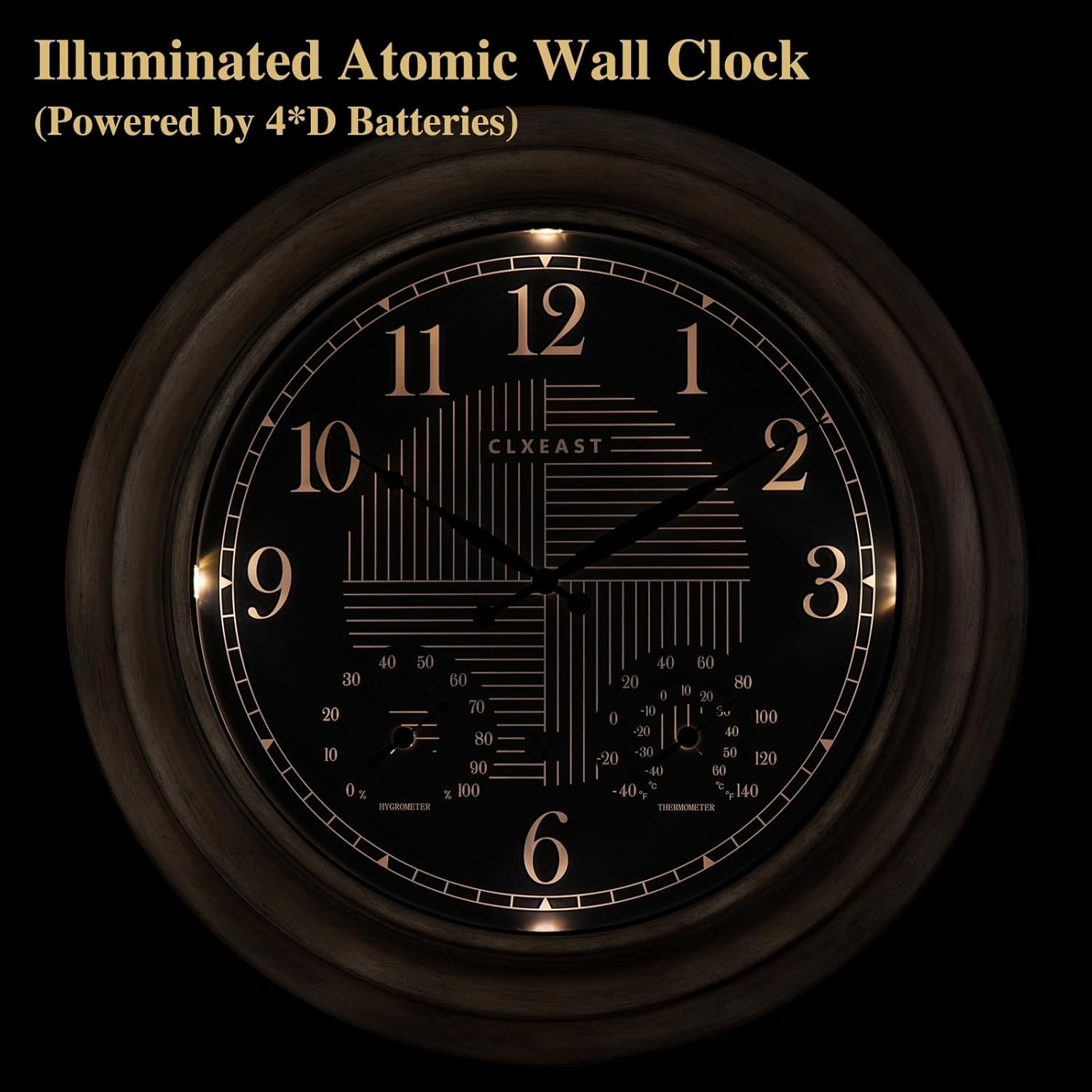 CLXEAST 18 Inch Illuminated Outdoor Indoor Atomic Analog Wall Clock with Temperature & Humidity, Lighted Outdoor Clocks for Patio Large Waterproof with Thermometer,Bronze Finish,House Warming Gifts