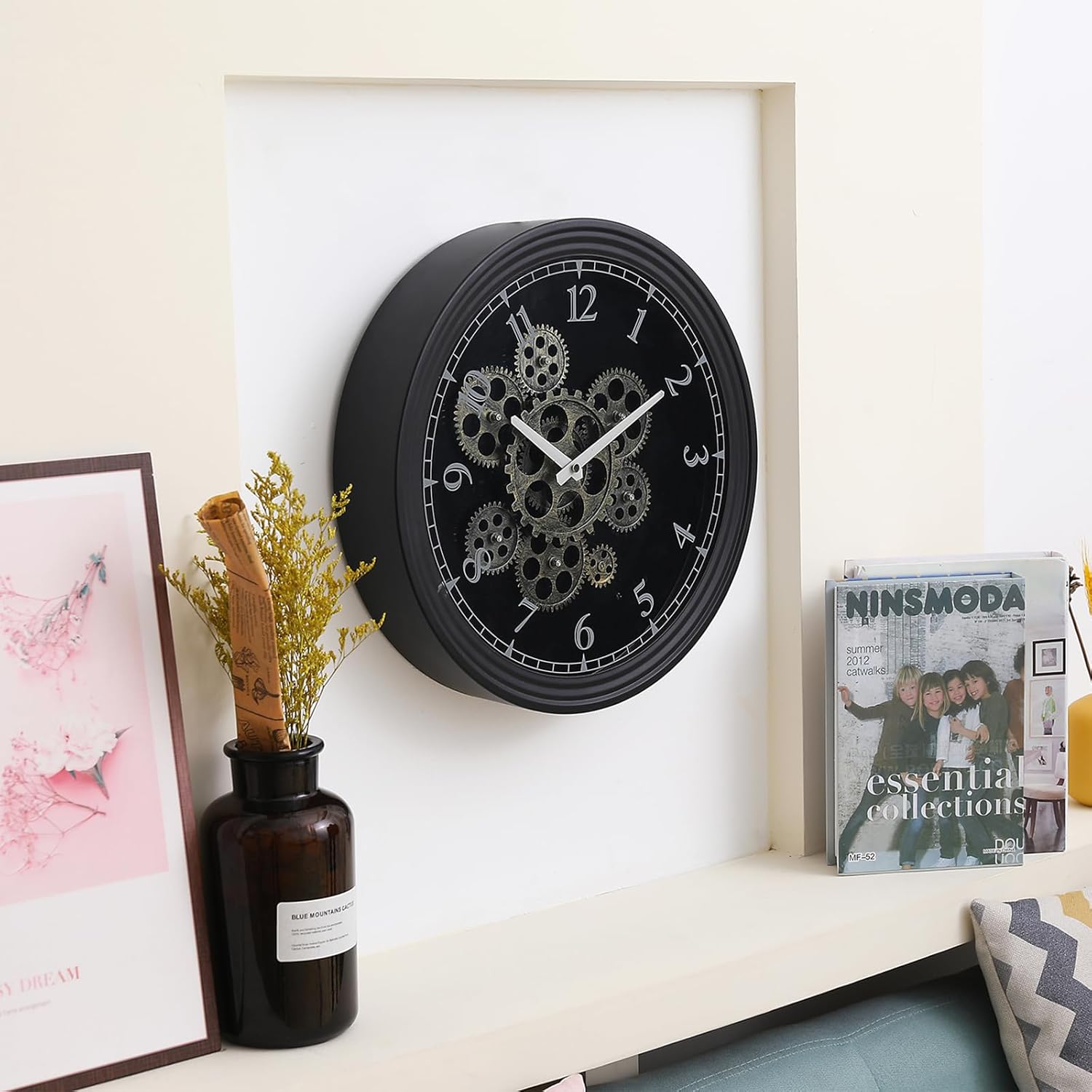 CLXEAST Mid Century Minimalist Modern Wall Clocks,24 Inch Wall Clock with Moving Gears, Large Cream Gold Wall Clocks for Living Room Decor,House Warming Gifts New Home