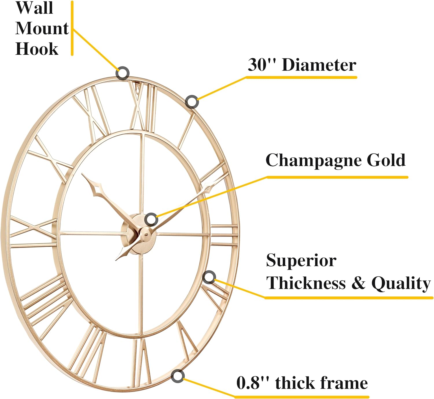 CLXEAST 30 Inch Wall Clock,Large Champagne Gold Metal Roman Numeral Wall Clock, Modern Wall Clocks for Living Room Decor