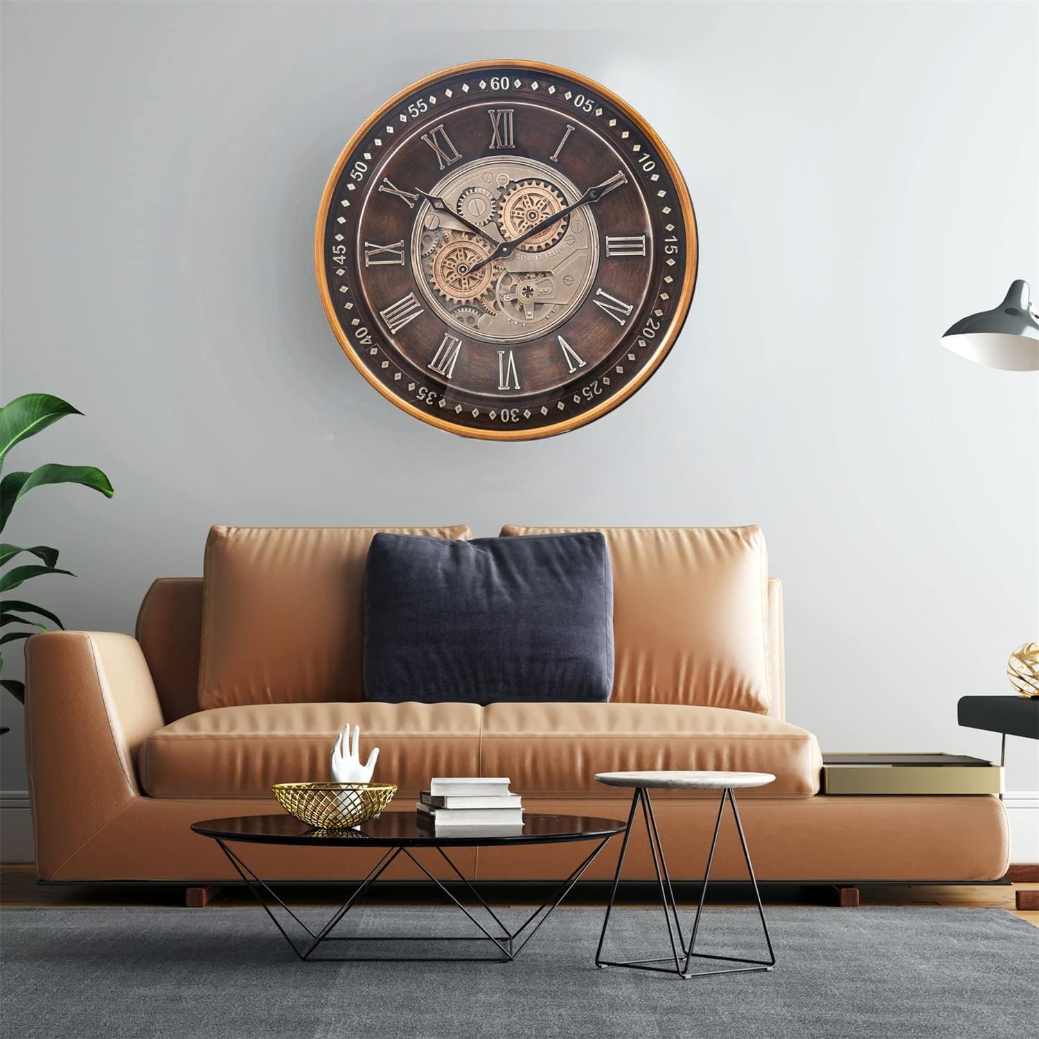 CLXEAST Mid Century Minimalist Modern Wall Clocks,24 Inch Wall Clock with Moving Gears, Large Cream Gold Wall Clocks for Living Room Decor,House Warming Gifts New Home