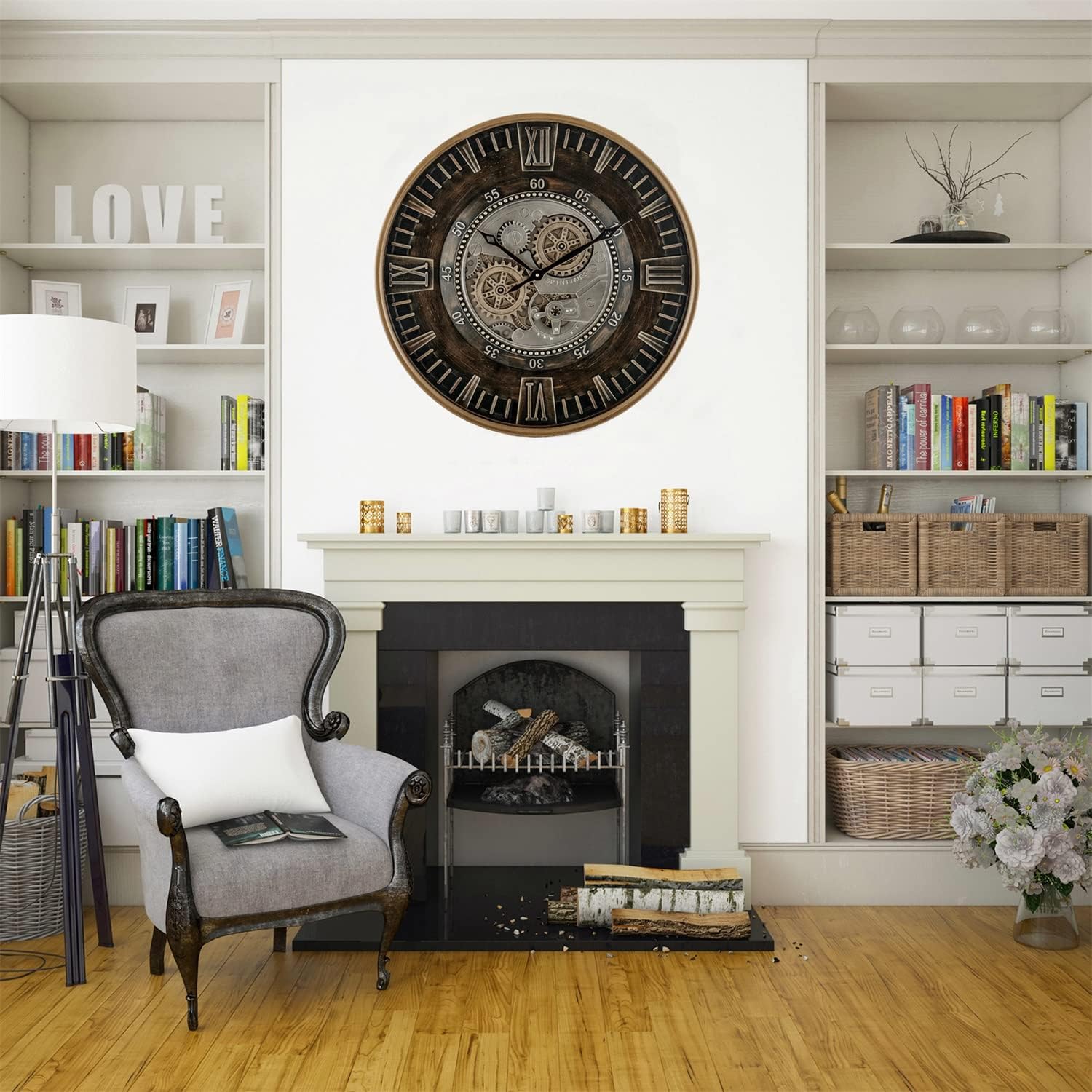 CLXEAST Mid Century Minimalist Modern Wall Clocks,24 Inch Wall Clock with Moving Gears, Large Cream Gold Wall Clocks for Living Room Decor,House Warming Gifts New Home
