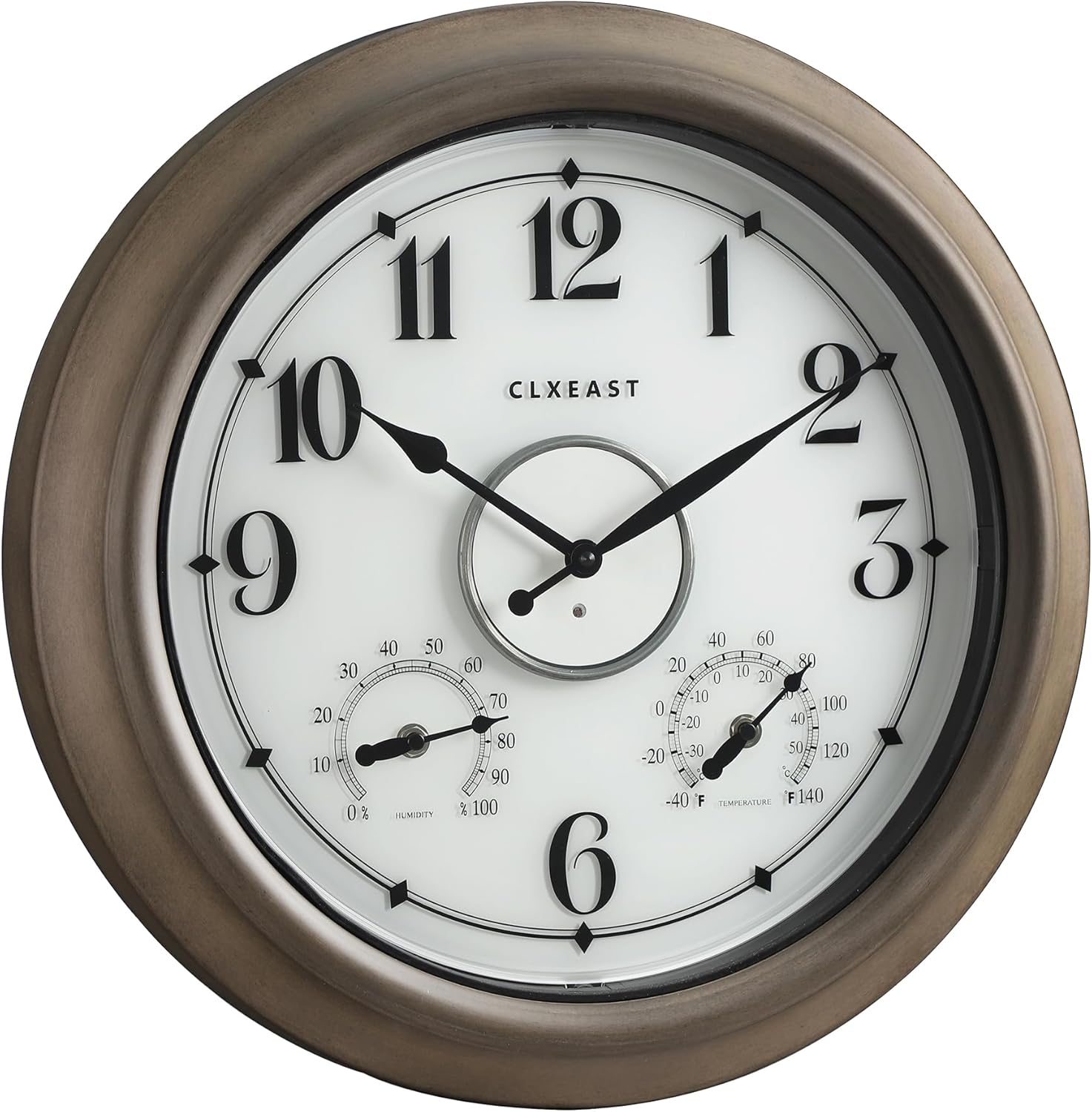 CLXEAST Illuminated Outdoor Clocks Waterproof 18 Inch with Smart Sensor,Large Outdoor Pool Clock with Temperature & Hygrometer,Grey Oak/Faux Barnwood,Gifts for Women