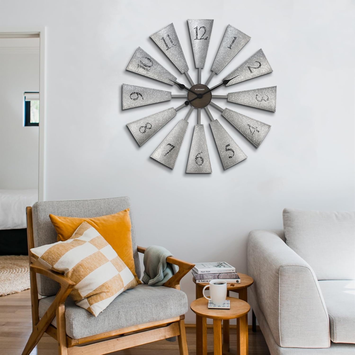 CLXEAST 30 Inch Large Farmhouse DIY Windmill Decor Wall Clock, Adjustable Size 24"/26"/28"/30"/32", 24 Inch Wall Clock for Living Room Decor,Wall Art Decor, Galvanized Plastic