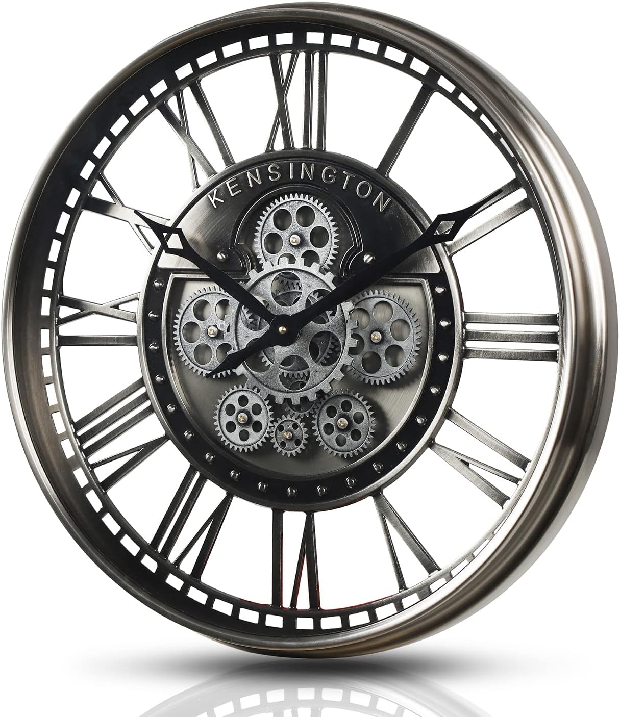 CLXEAST Modern Moving Gears Wall Clock for Living Room Decor,Industrial Steampunk Clocks for Farmhouse Home Decor,Roman Numerals,Gunmetal Nickel (21 Inch)