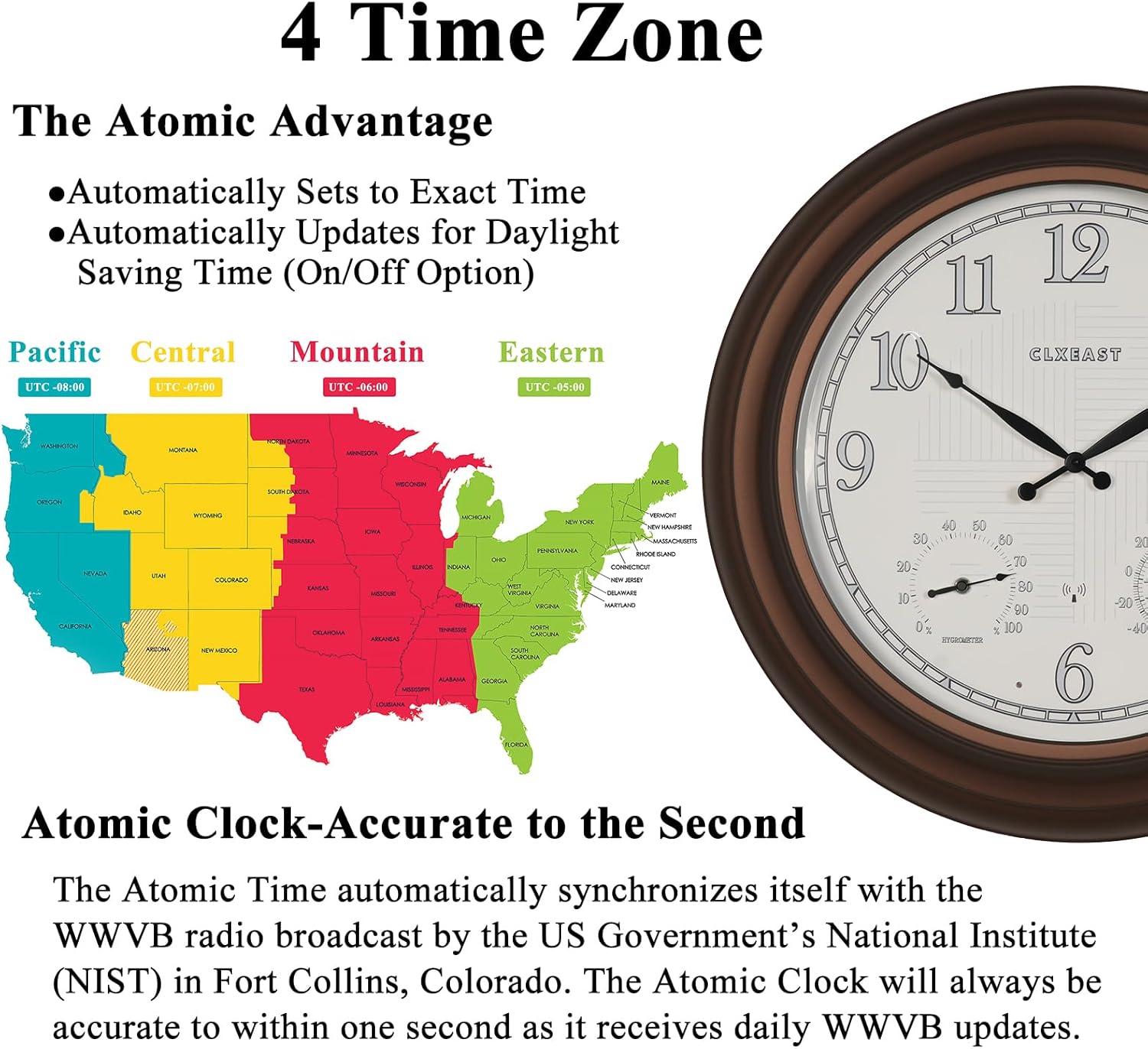 CLXEAST 18 Inch Illuminated Outdoor Indoor Atomic Analog Wall Clock with Temperature & Humidity, Lighted Outdoor Clocks for Patio Large Waterproof with Thermometer,Bronze Finish,House Warming Gifts
