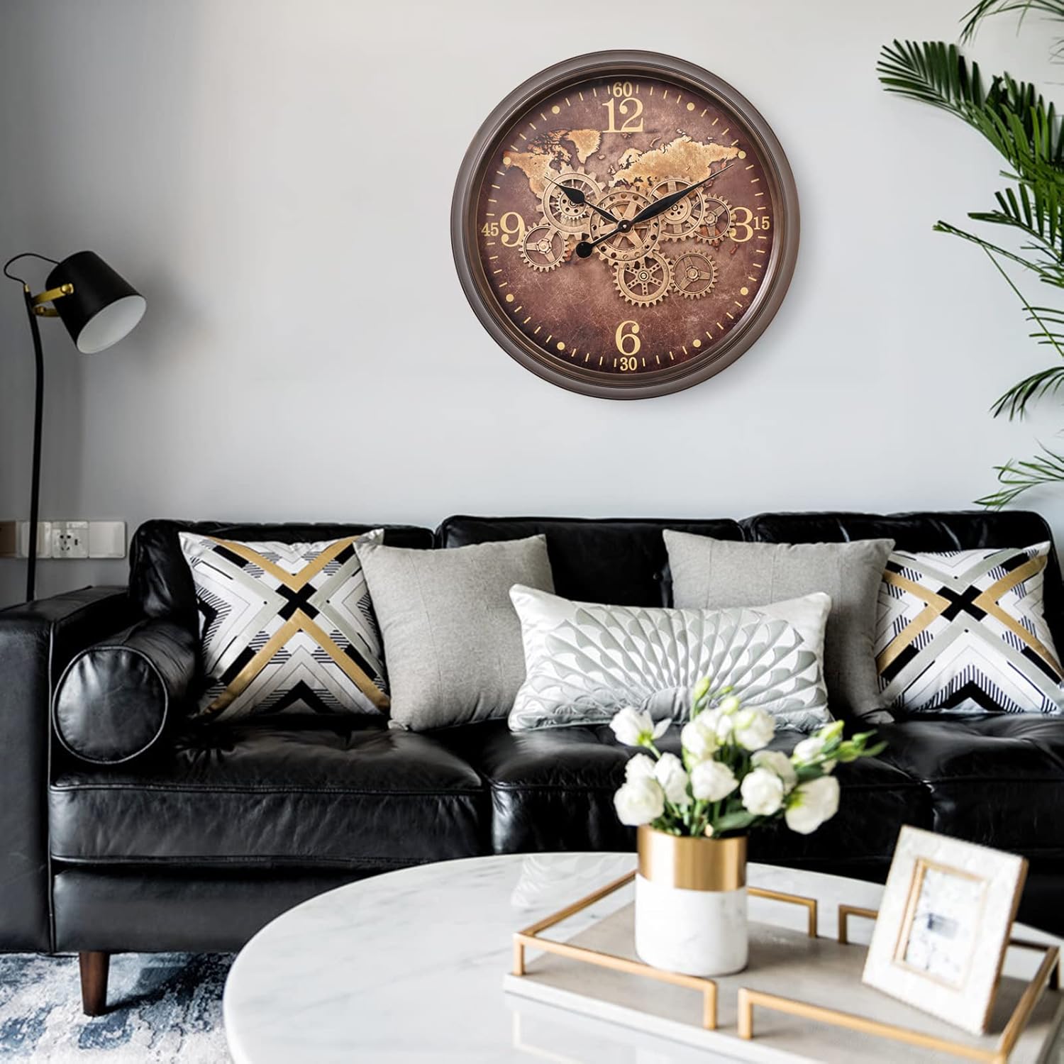 CLXEAST Mid Century Minimalist Modern Wall Clocks,24 Inch Wall Clock with Moving Gears, Large Cream Gold Wall Clocks for Living Room Decor,House Warming Gifts New Home