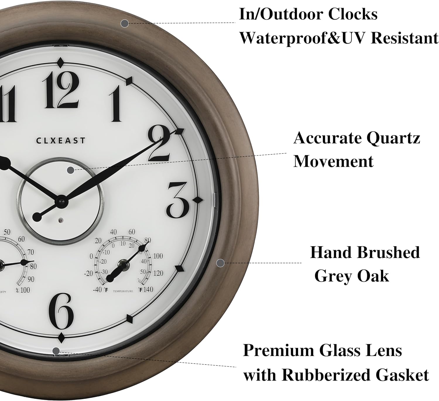 CLXEAST Illuminated Outdoor Clocks Waterproof 18 Inch with Smart Sensor,Large Outdoor Pool Clock with Temperature & Hygrometer,Grey Oak/Faux Barnwood,Gifts for Women