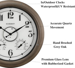 CLXEAST Illuminated Outdoor Clocks Waterproof 18 Inch with Smart Sensor,Large Outdoor Pool Clock with Temperature & Hygrometer,Grey Oak/Faux Barnwood,Gifts for Women
