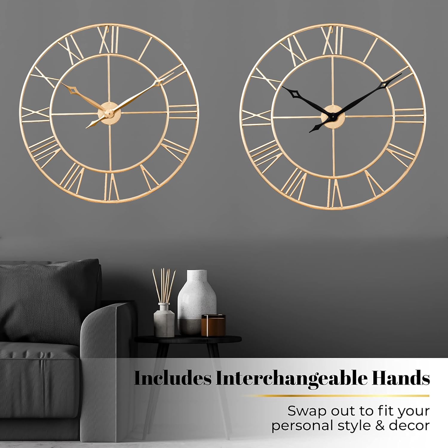 CLXEAST 30 Inch Wall Clock,Large Champagne Gold Metal Roman Numeral Wall Clock, Modern Wall Clocks for Living Room Decor