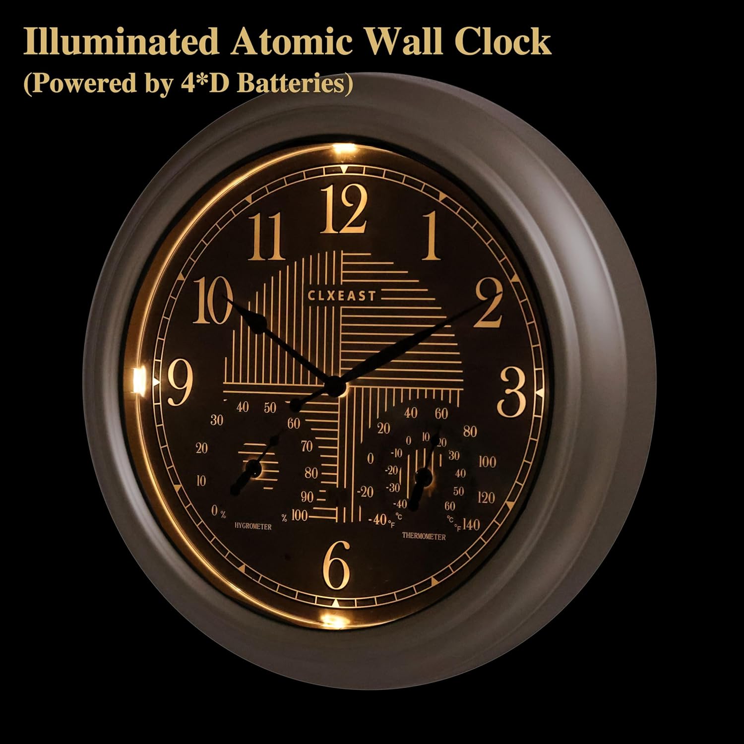 CLXEAST 18 Inch Illuminated Outdoor Indoor Atomic Analog Wall Clock with Temperature & Humidity, Lighted Outdoor Clocks for Patio Large Waterproof with Thermometer,Bronze Finish,House Warming Gifts
