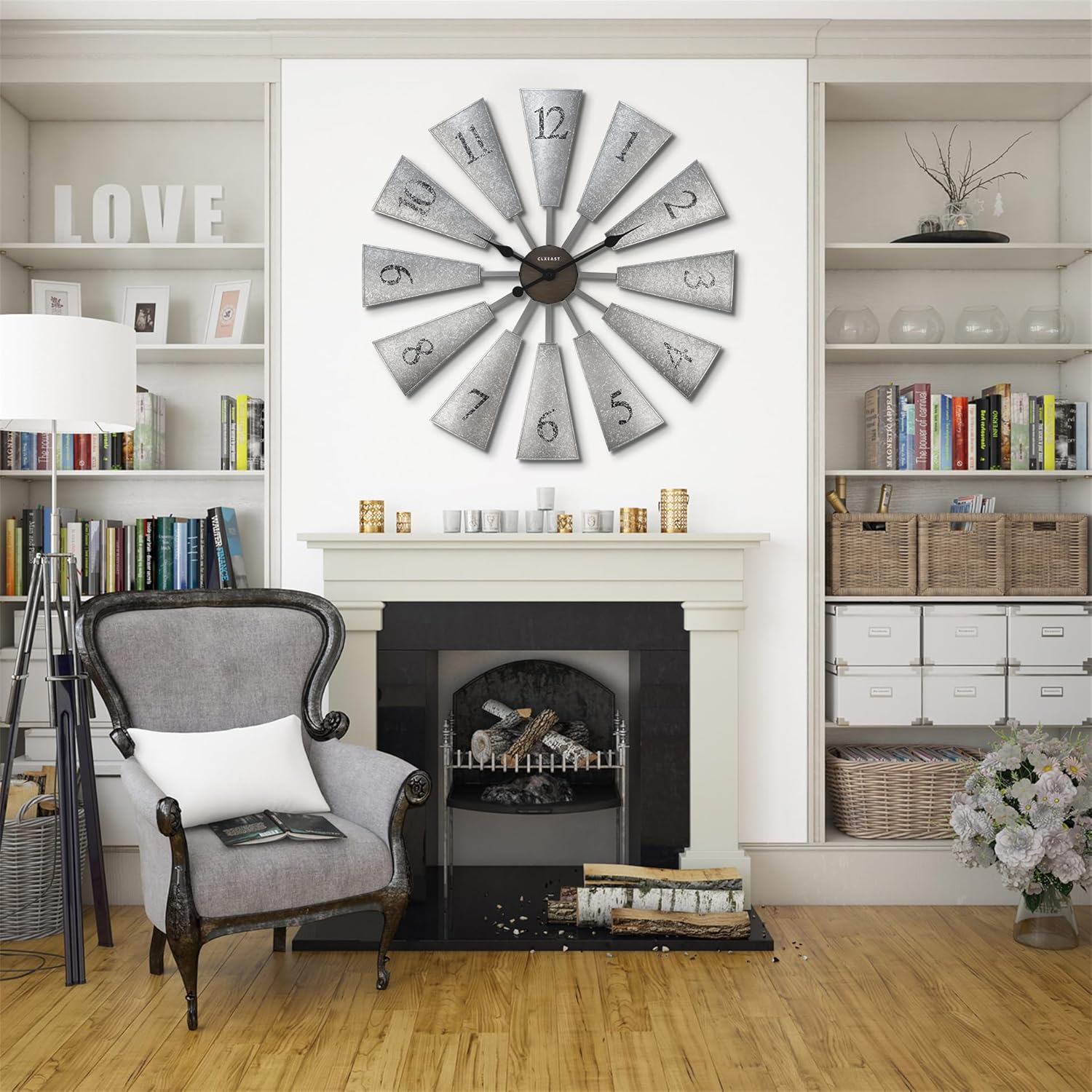 CLXEAST 30 Inch Large Farmhouse DIY Windmill Decor Wall Clock, Adjustable Size 24"/26"/28"/30"/32", 24 Inch Wall Clock for Living Room Decor,Wall Art Decor, Galvanized Plastic