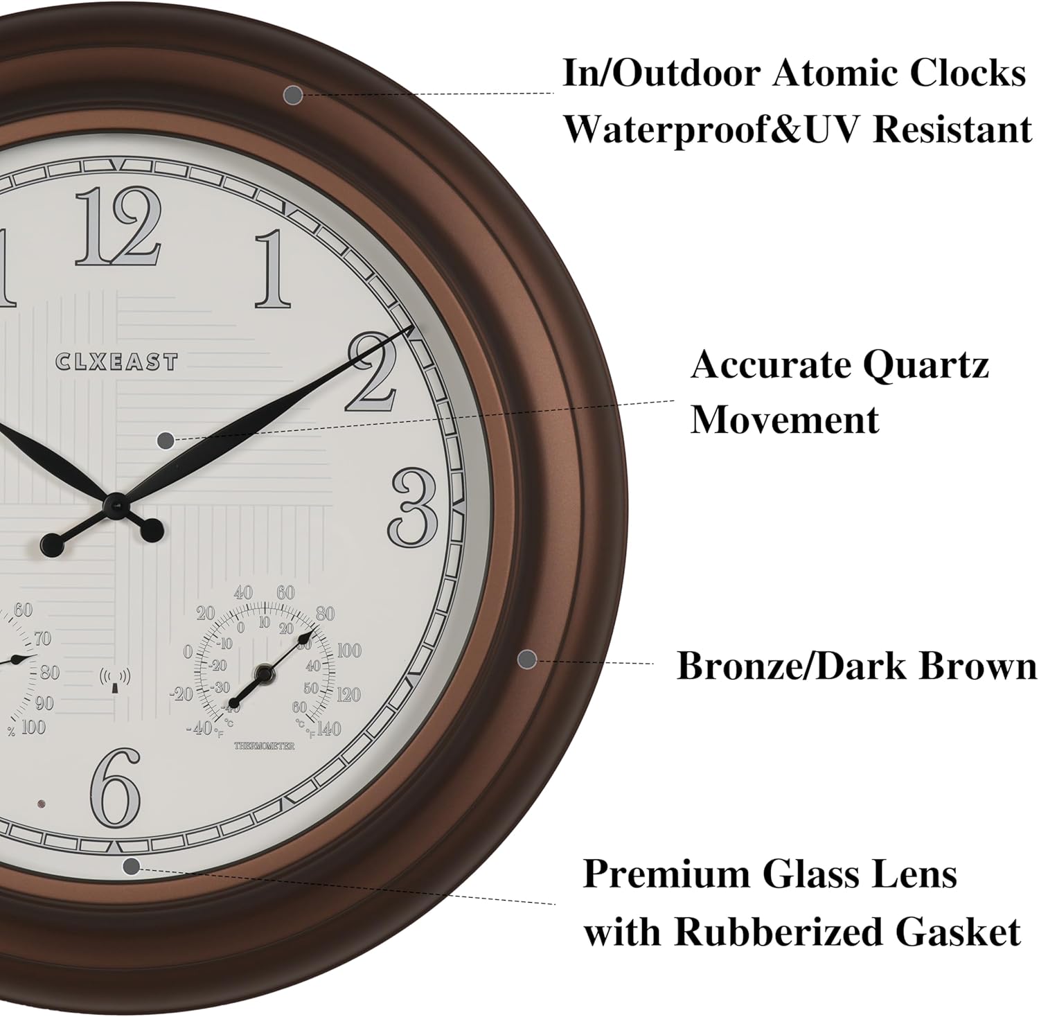 CLXEAST 18 Inch Illuminated Outdoor Indoor Atomic Analog Wall Clock with Temperature & Humidity, Lighted Outdoor Clocks for Patio Large Waterproof with Thermometer,Bronze Finish,House Warming Gifts