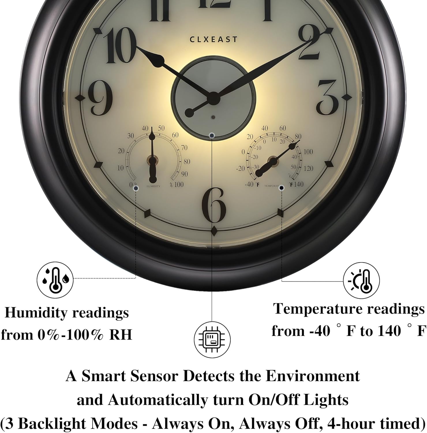 CLXEAST Illuminated Indoor Outdoor Clocks Waterproof 18 inch with Smart Sensor,Large Wall Clock with Thermometer & Hygrometer,Oil Rubbed Bronze Black,Gifts for Women